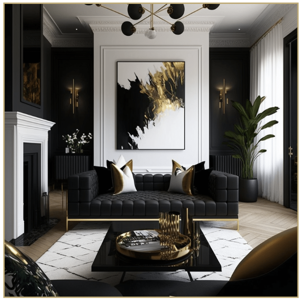 home staging ou décoration intérieure - salon style affirmé noir et or